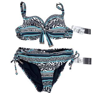 Kensie Swimsuit Ruched Bottom Bikini Underwire Top Jade/Black Animal Print S